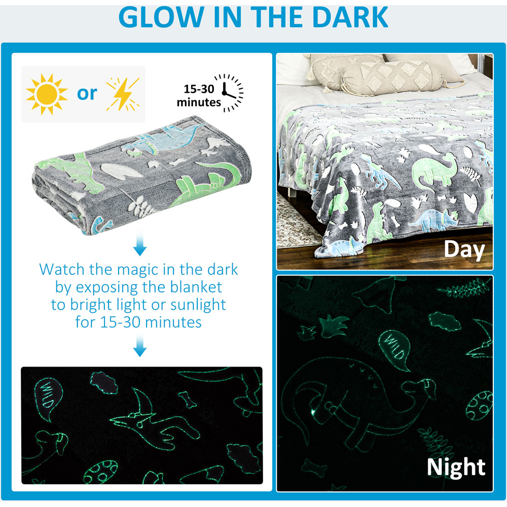 Kids Dinosaur Luminous Grey Fleece Blanket 203 x 152cm Wilko