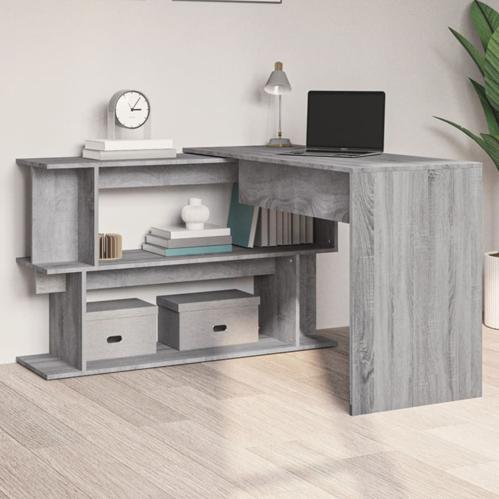 vidaXL 2 Shelf L-Shaped Modern Corner Desk Grey Sonoma Image 1