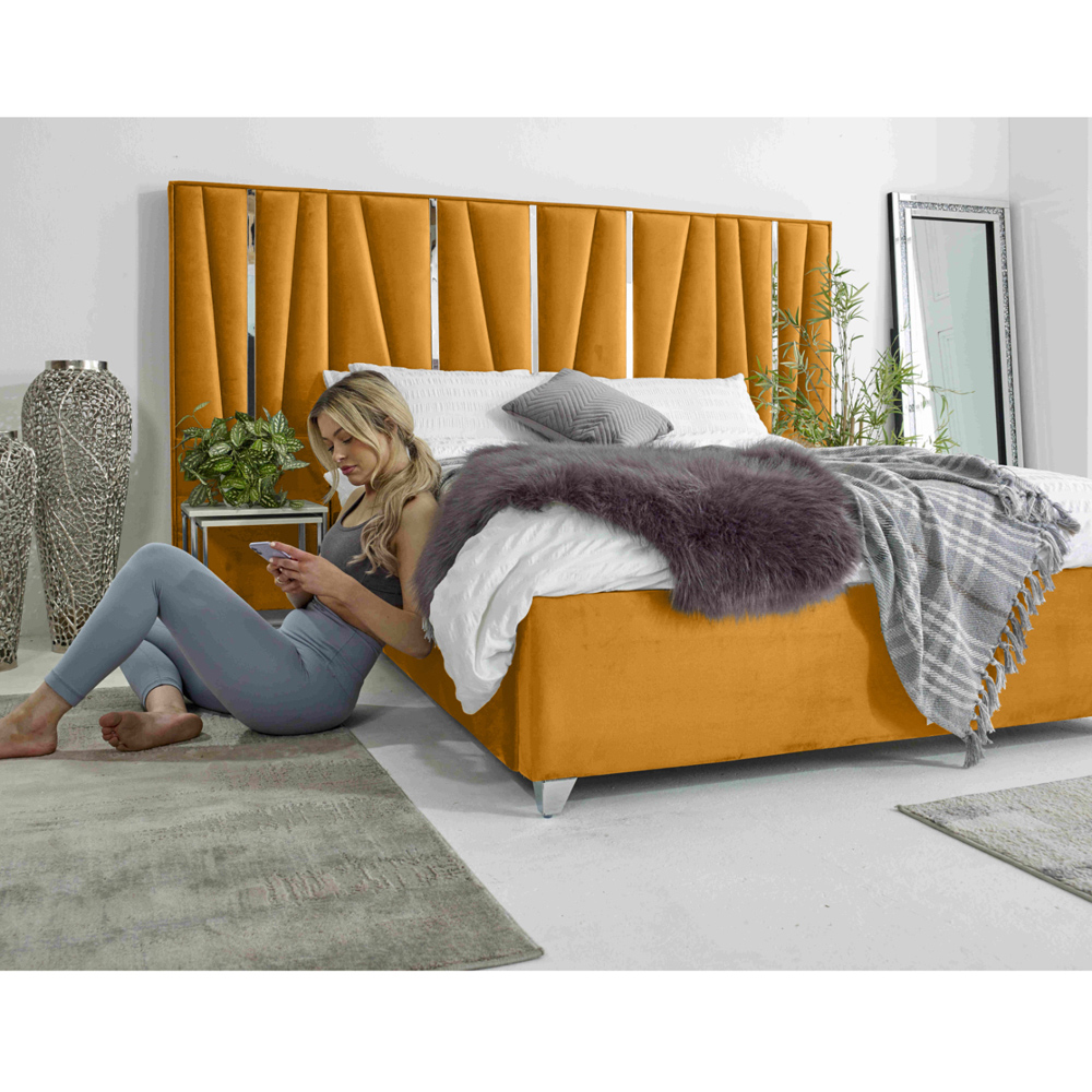 Eleganza Mila Small Double Mustard Plush Velvet Bed Frame with Lined Headboard Image 7