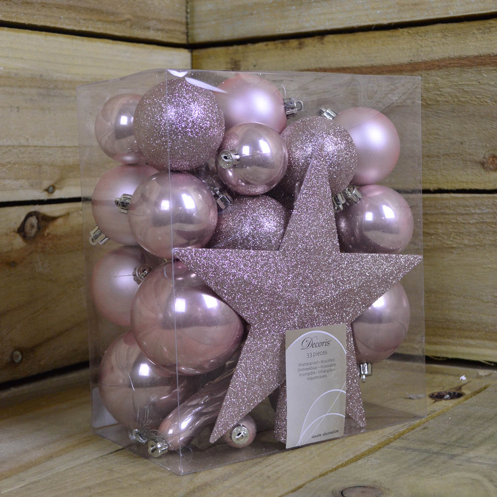 Samuel Alexander Blush Pink Assorted Shatterproof Christmas Baubles with Star Tree Topper 33 Pack Image 2