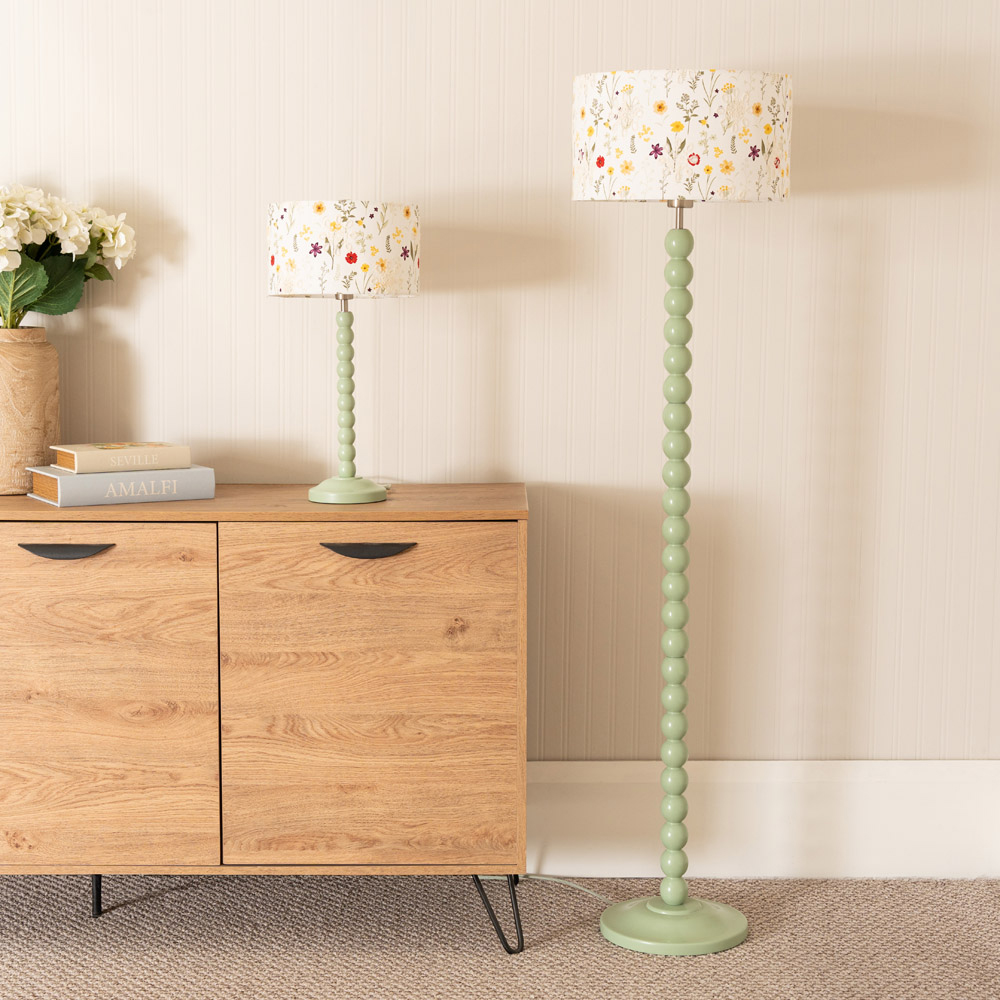 ValueLights Bobbins Floral Embroidered Drum Shade Sage Green LED Table Lamp Image 4