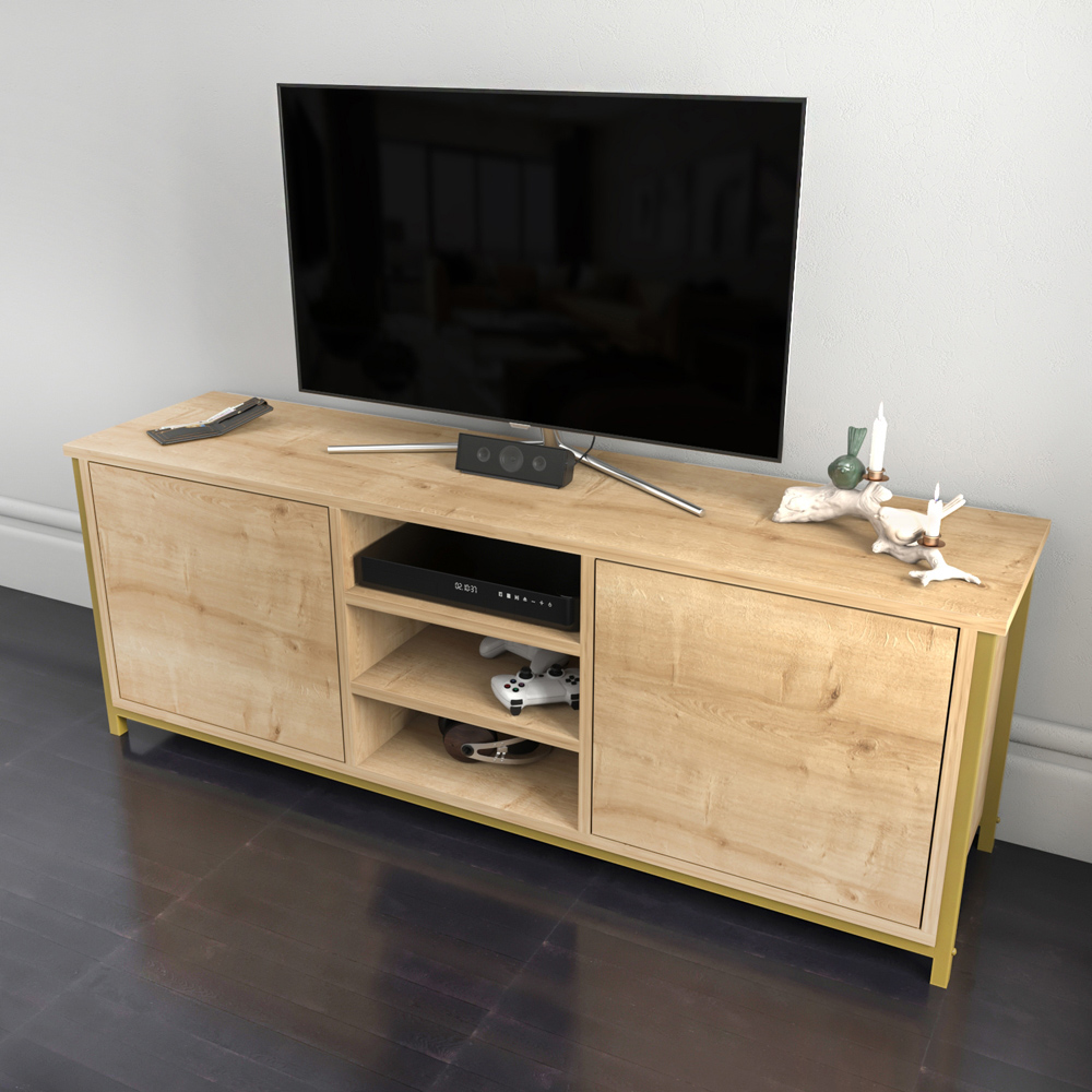 Decorotika Otis 2 Door 3 Shelf Gold and Oak TV Stand for 63 inch TV Image 5