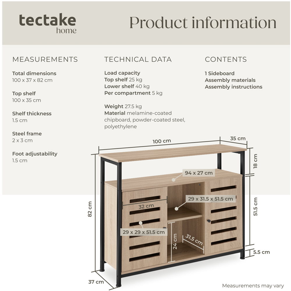 Tectake Warrington 2 Door 3 Shelf Light Sonoma Oak Sideboard Image 9