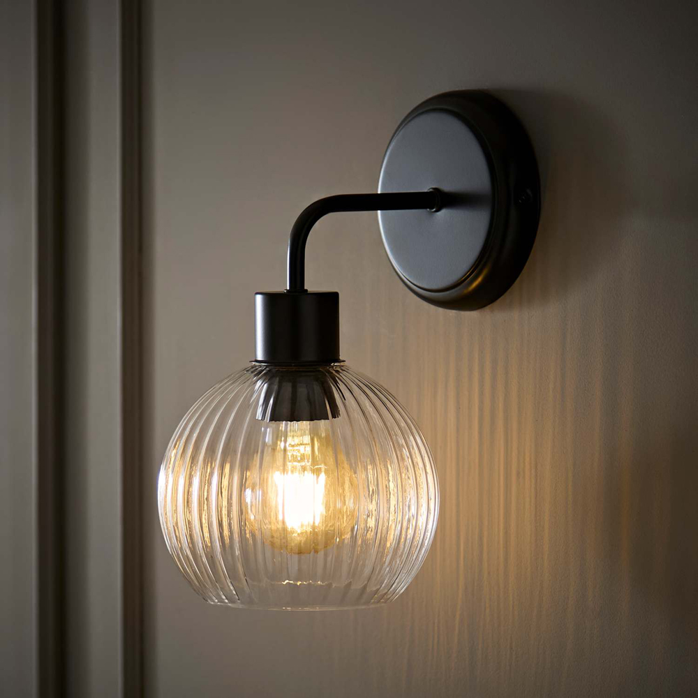 ValueLights Maddison Ribbed Glass Globe Black Metal Wall Light with Bulb Image 6