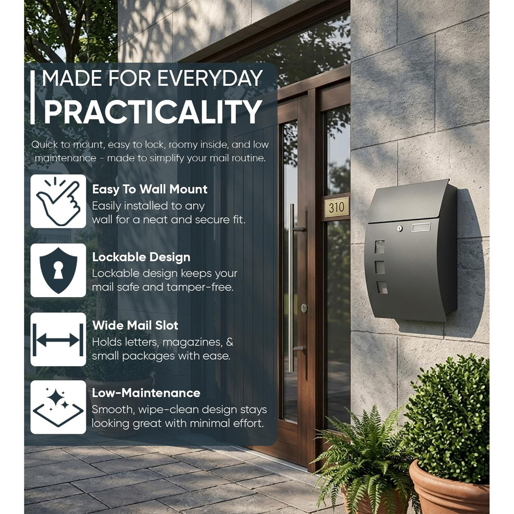 ATEK Black Steel Large Wall-Mounted Lockable Letterbox with 2 Keys Image 6