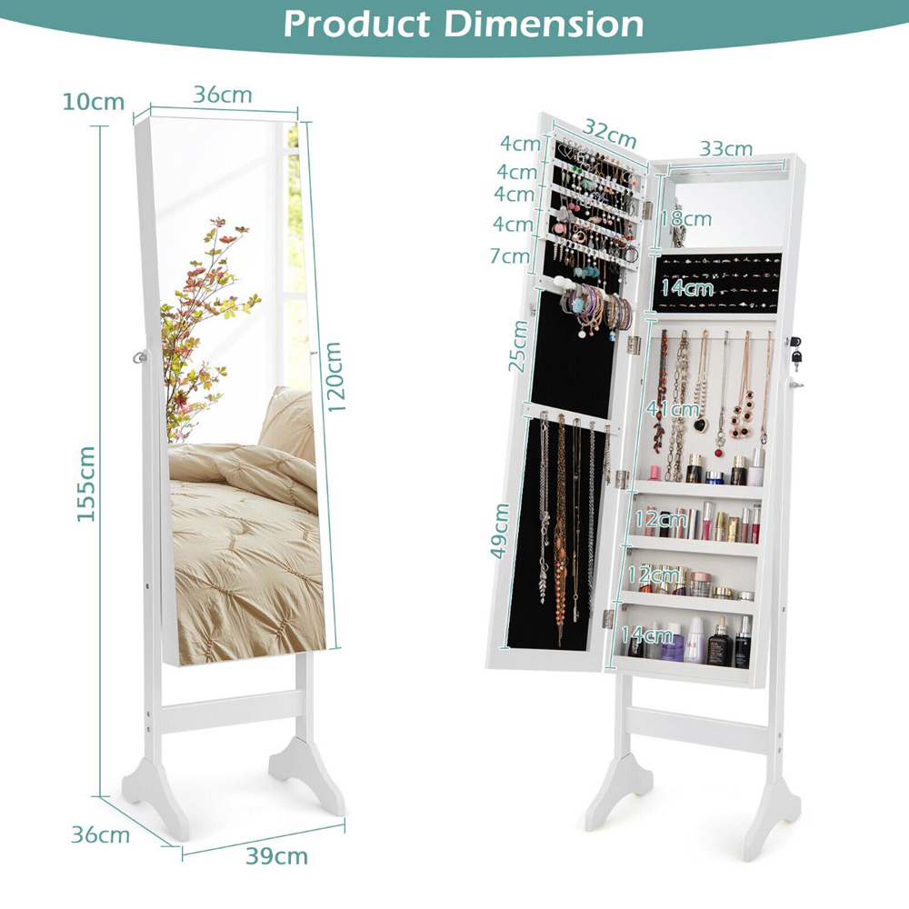 Costway White Freestanding Jewellery Cabinet with Full Length and Inner Mirror Image 9
