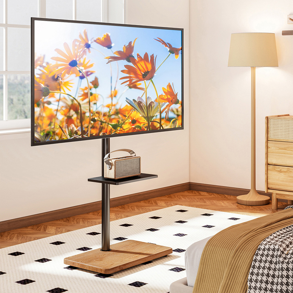 TTAP Black and Rectangular Oak Effect Base Single Shelf Floor Pedestal TV Stand Image 3