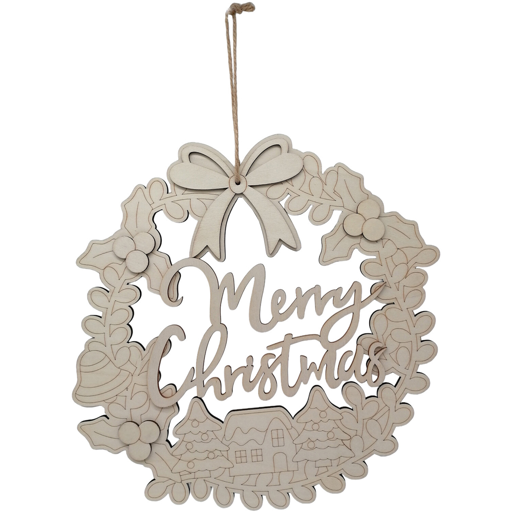 Merry Christmas Wooden Wreath Neutral Image 1
