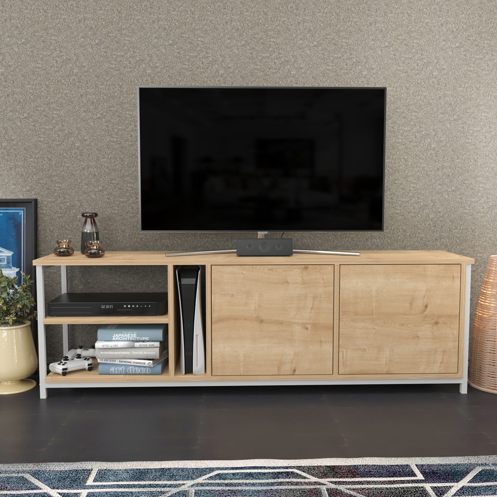 Decorotika Primrose 2 Door 3 Shelf White and Oak TV Stand for 72 inch TV Image 4