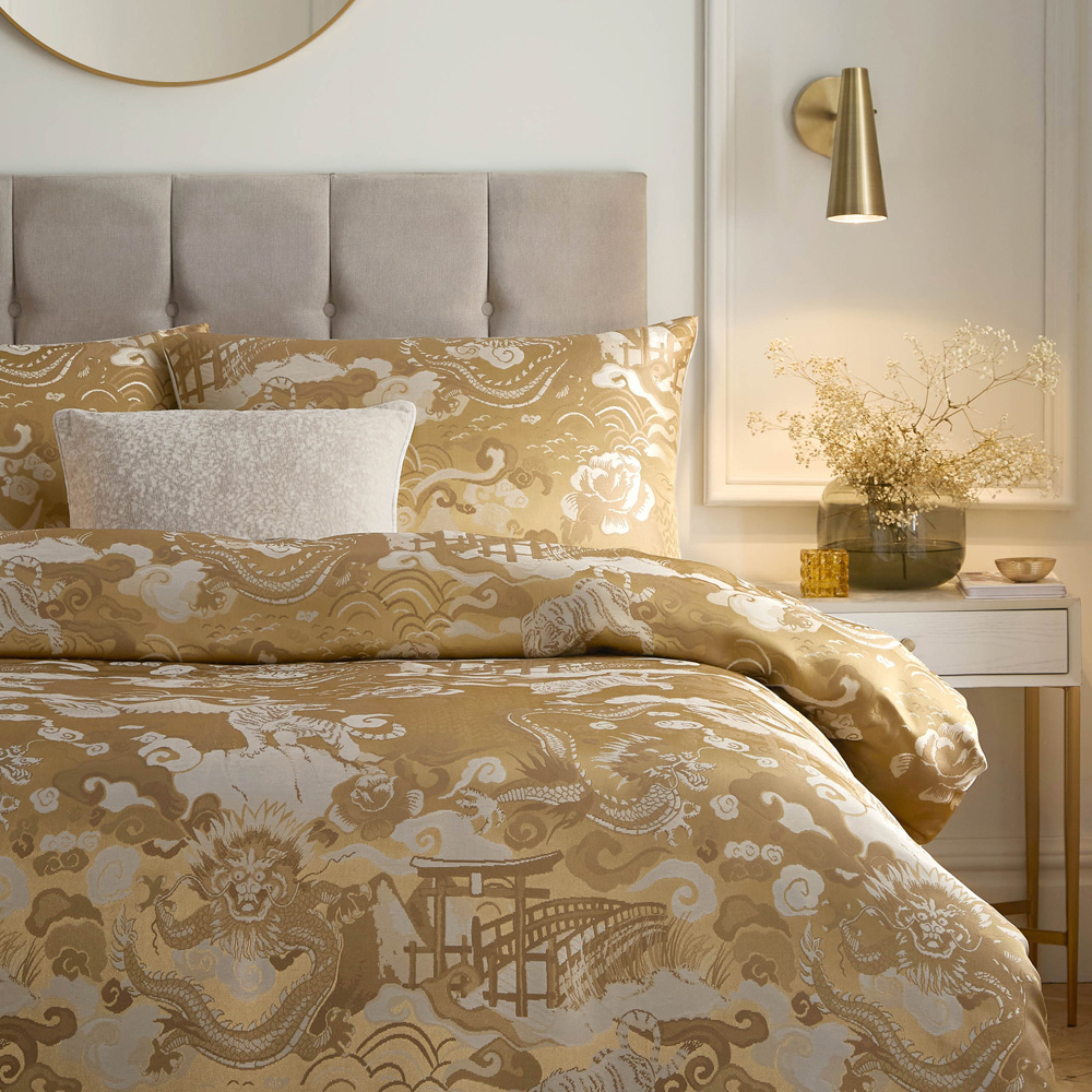 Paoletti Double Paoletti Baransu Gold Jacquard Duvet Cover Set Image 2
