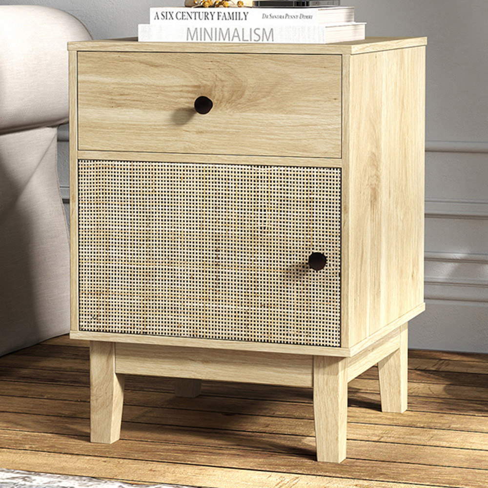 Costway Single Door Single Drawer Natural Rattan Nightstand Image 1