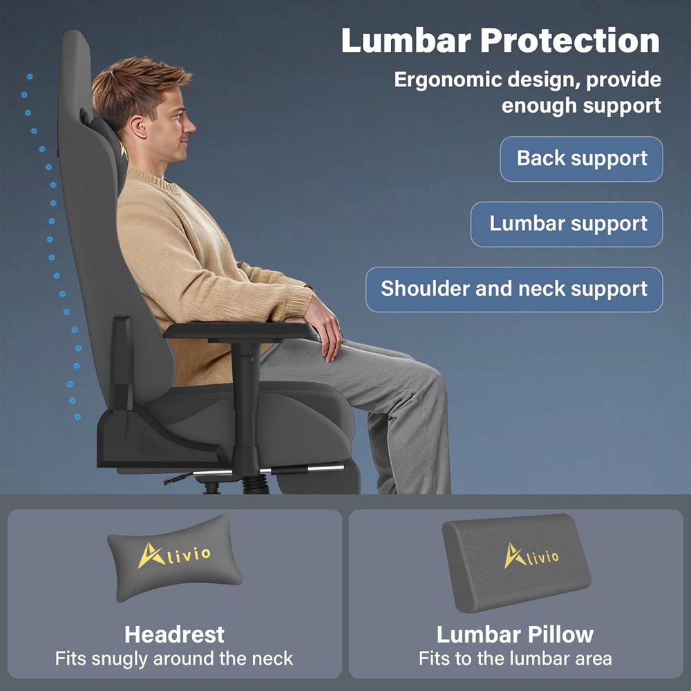Alivio Grey Velvet Reclining Gaming Chair with Lumbar and Headrest Support Image 6
