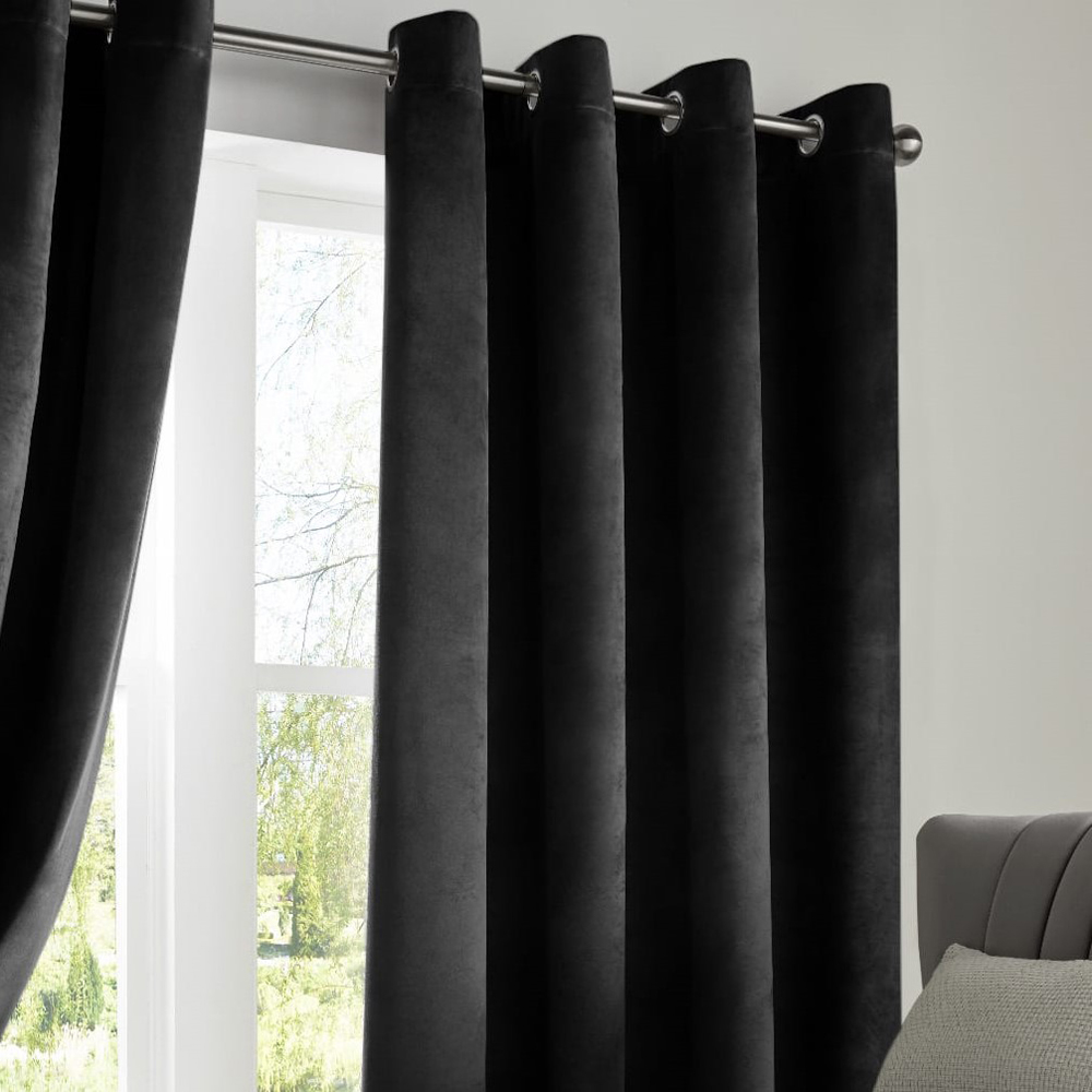 Alan Symonds Black Velvet Blackout Ring Top Eyelet Curtains 117 x 137cm Image 2