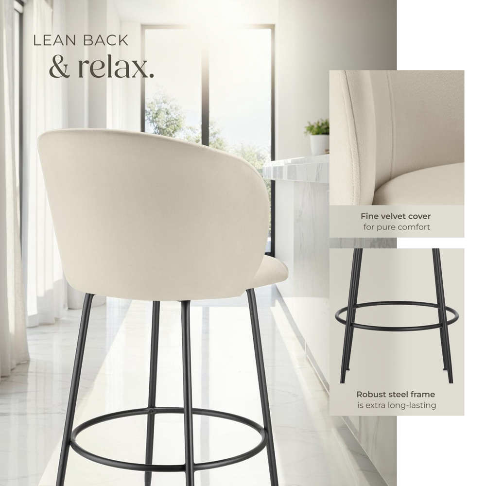 tectake Luana Cream and Black Velvet Look Padded Bar Stool Set of 2 Image 5