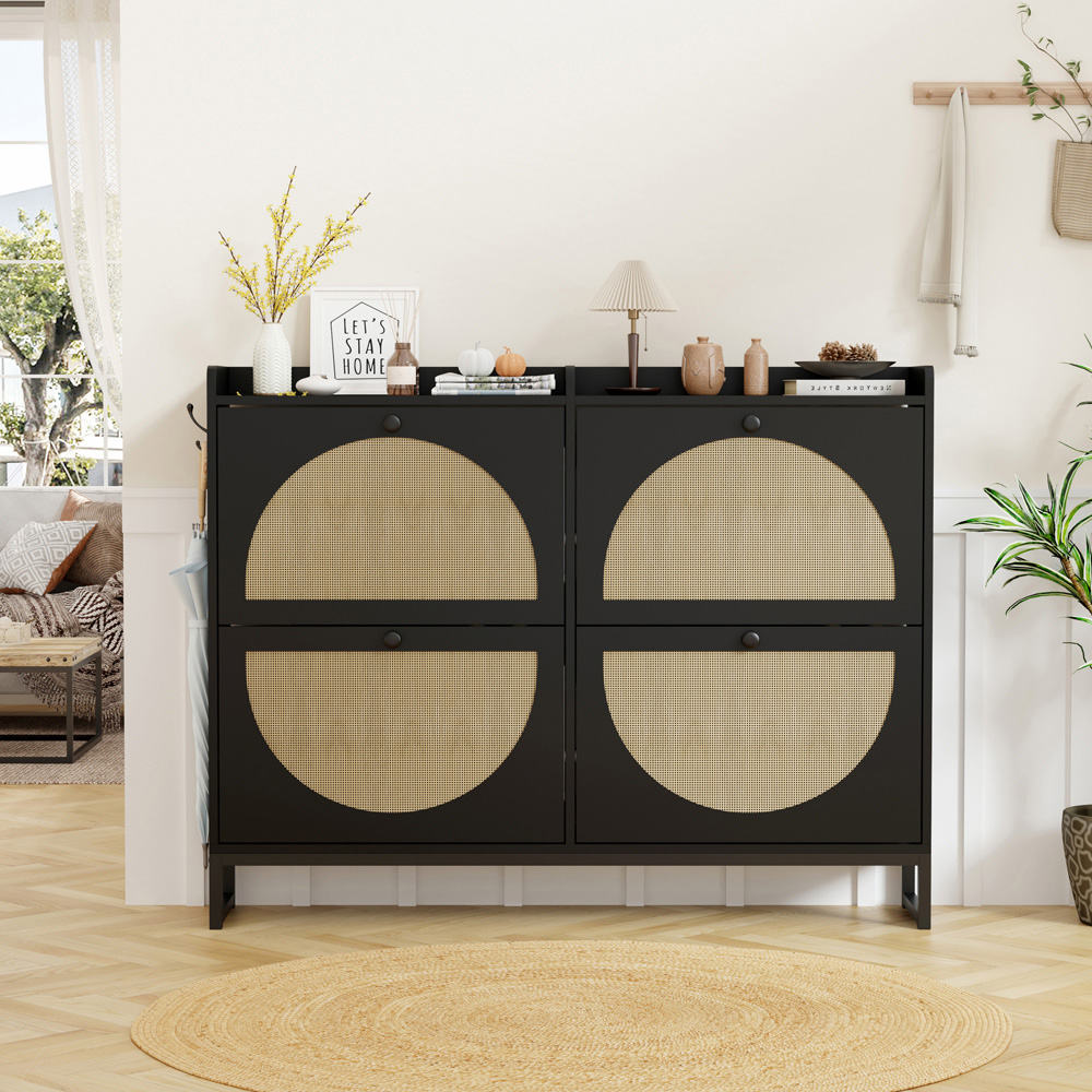 FurnitureHMD 4 Door Black Rattan Shoe Storage Cabinet Image 9