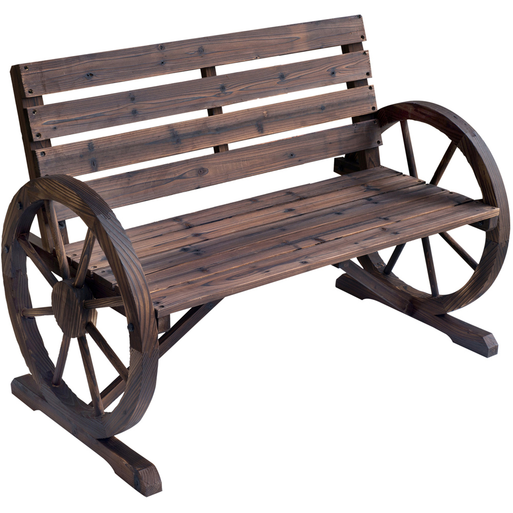 Outsunny 2 Seater Brown Wooden Bench with Wagon Wheel Image 2