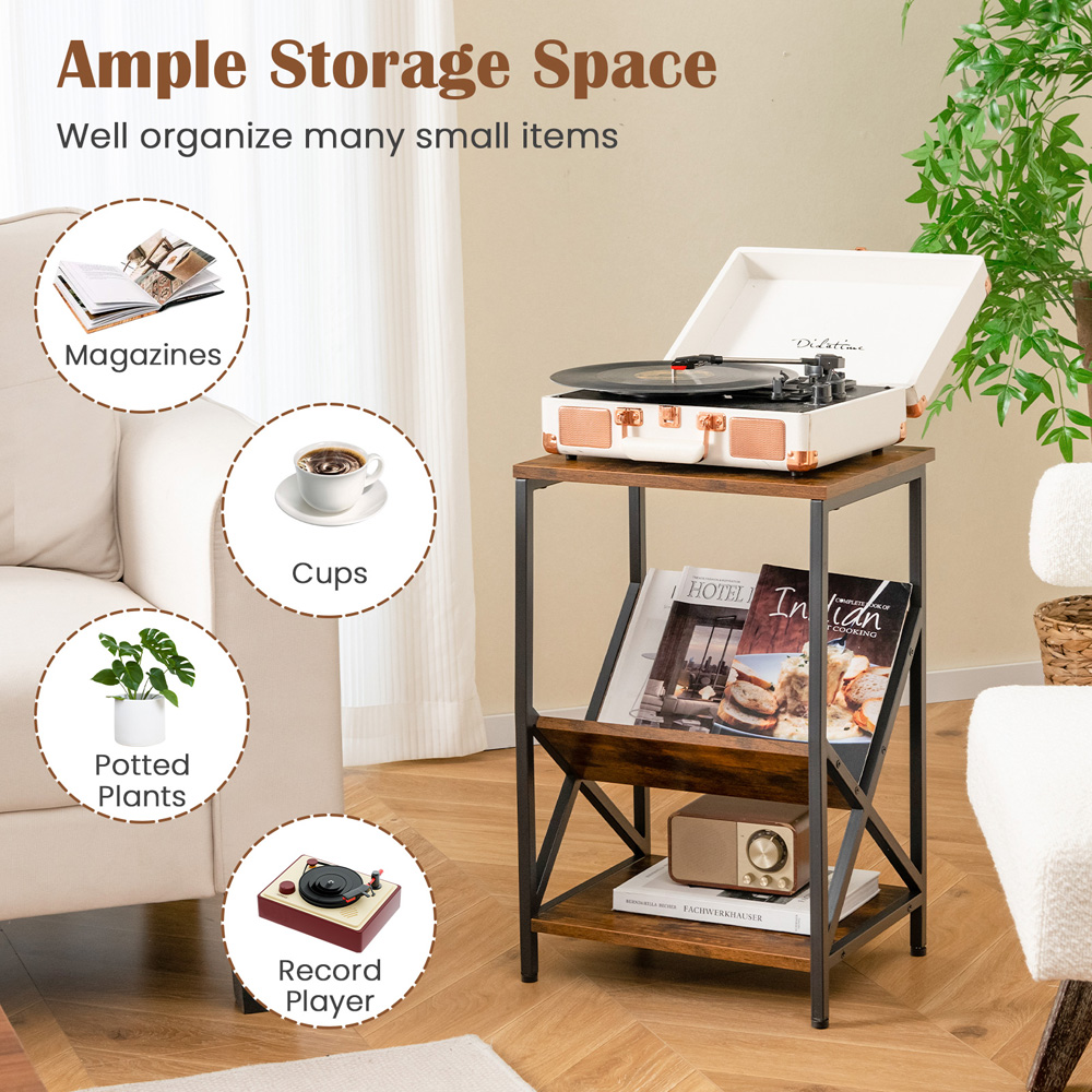 Costway 2 Shelf Rustic Brown V Shaped Side Table Image 7
