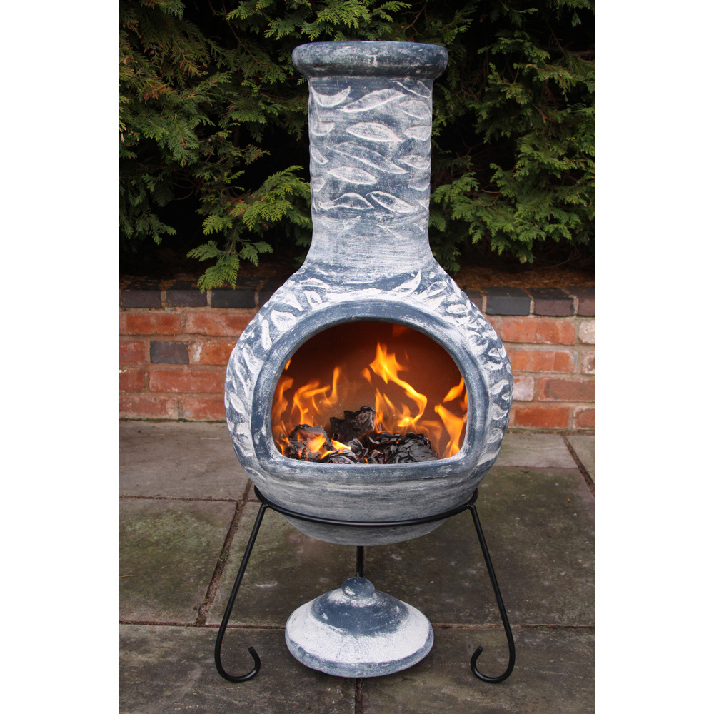 Gardeco Olas Extra Large Bluey Grey Mexican Chimenea with Stand and Lid Image 2