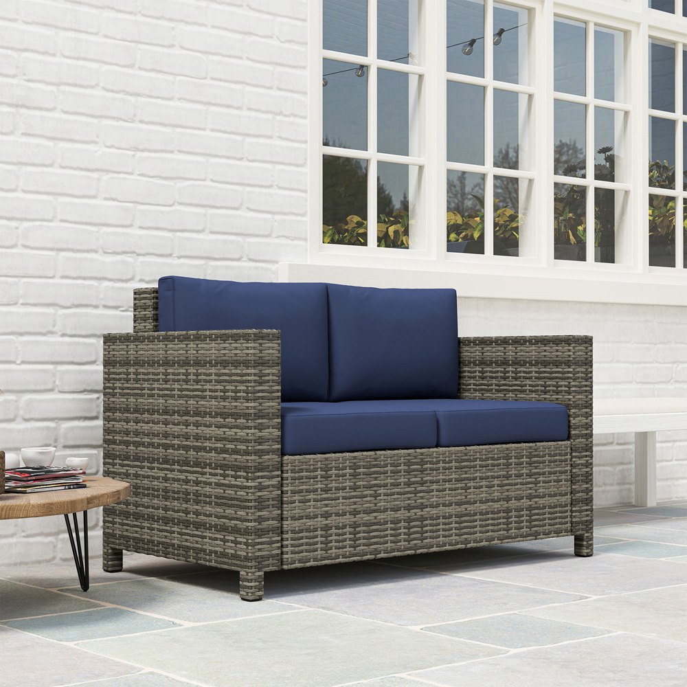 Outsunny 2 Seater Blue Rattan Padded Garden Loveseat Image 3