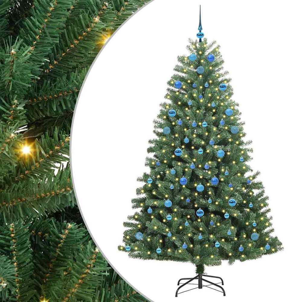 vidaXL Pre-Lit Blue Baubles Green Artificial Hinged Christmas Tree 7ft Image 2