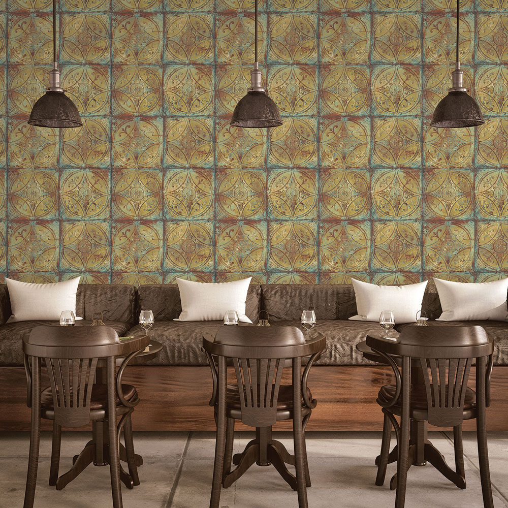 Galerie Grunge Tin Tile Effect Copper Wallpaper Image 2