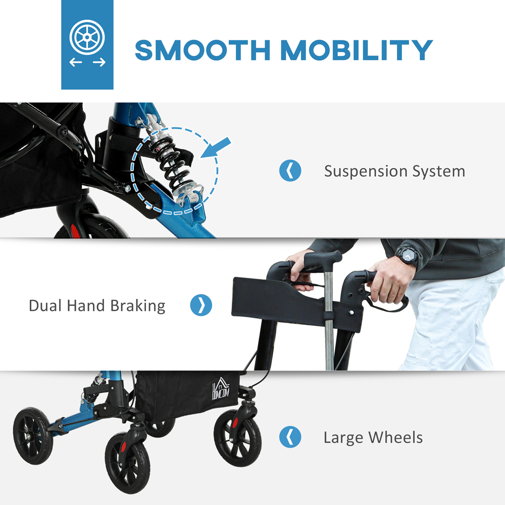 HOMCOM Blue 4-Wheel Foldable Rollator Walker with Suspension Seat and Storage Bag Image 5
