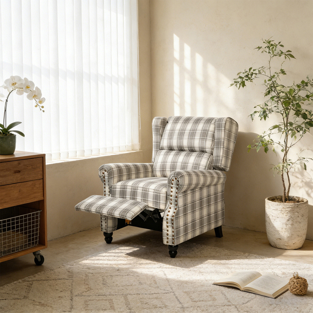Living and Home Grey Beige Plaid Wingback Recliner Armchair with Adjustable Backrest and Footrest Image 8