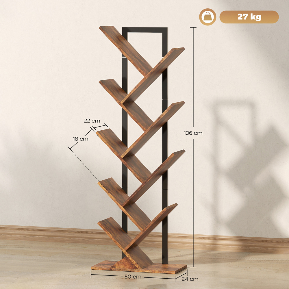 HOMCOM 8 Shelf Rustic Brown Steel Frame Tree Bookshelf Image 9