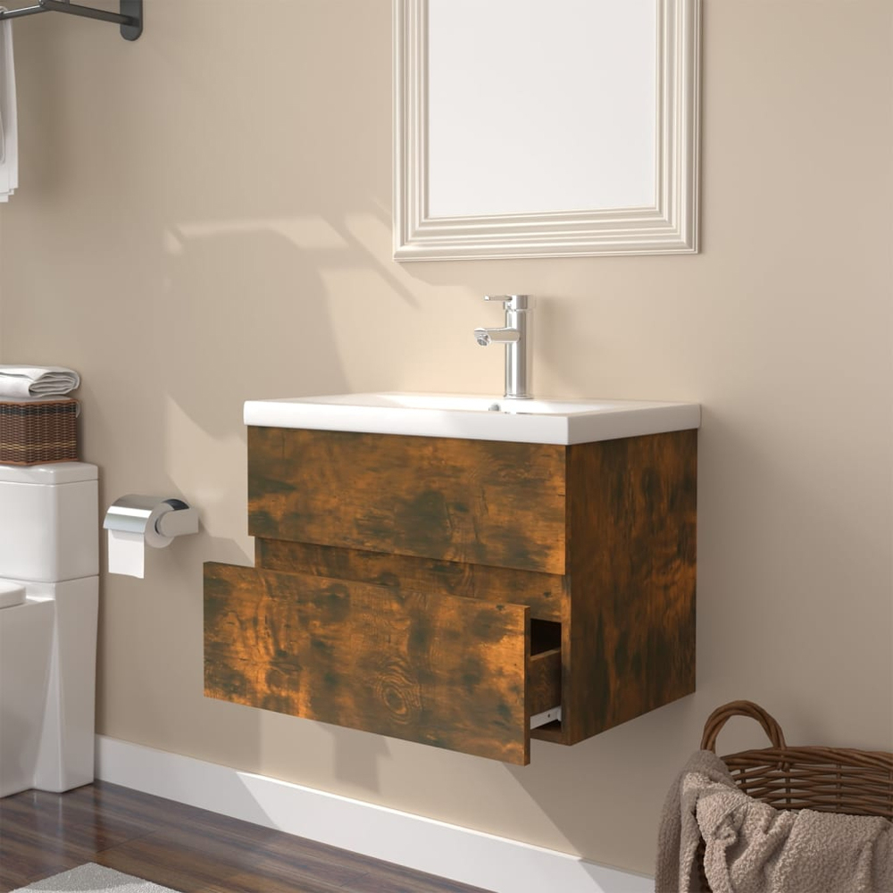 vidaXL 2 Drawer Smoked Oak and White Sink Cabinet with Basin Image 5