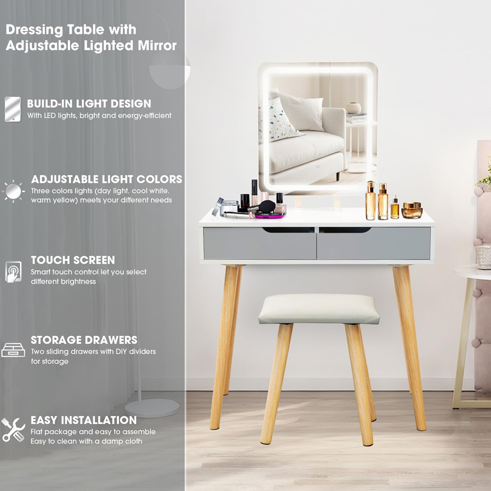 Alivio 2 Drawer Grey Vanity Dressing Table Set with Adjustable LED Mirror Image 7