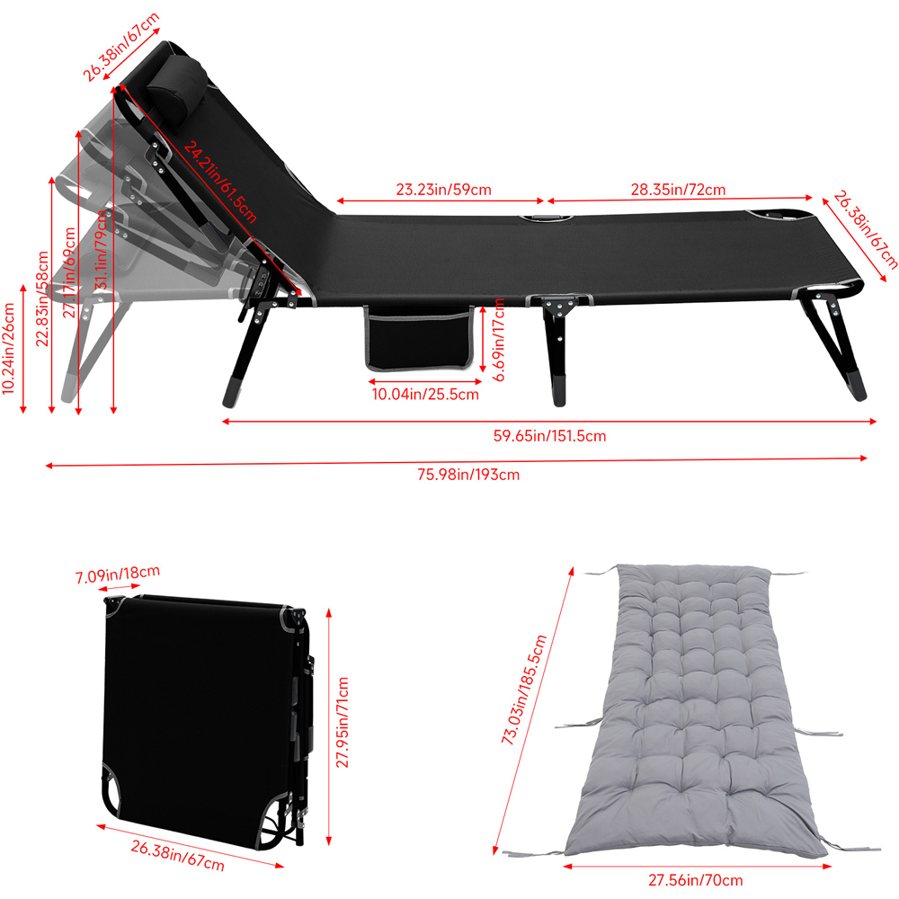 Living and Home Black and Grey Adjustable Back Folding Camping Cot with Mattress Image 8
