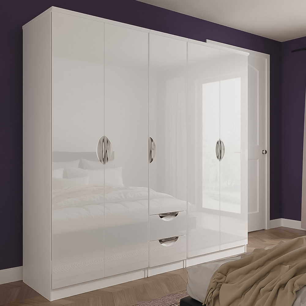 Crowndale Camden 5 Door 2 Drawer White Gloss and White Wardrobe Ready Assembled Image 1