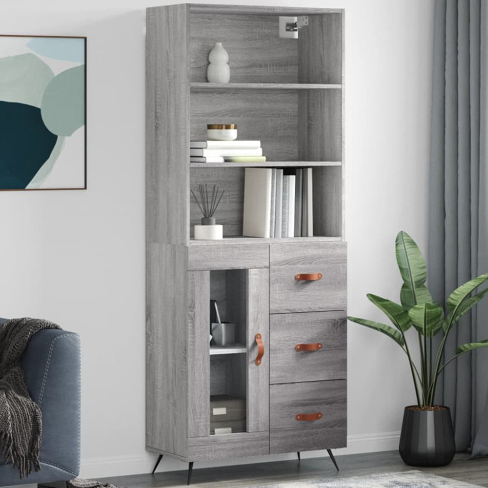 vidaXL Single Glass Door 3 Drawer 3 Shelf Grey Sonoma Tall Highboard Image 1