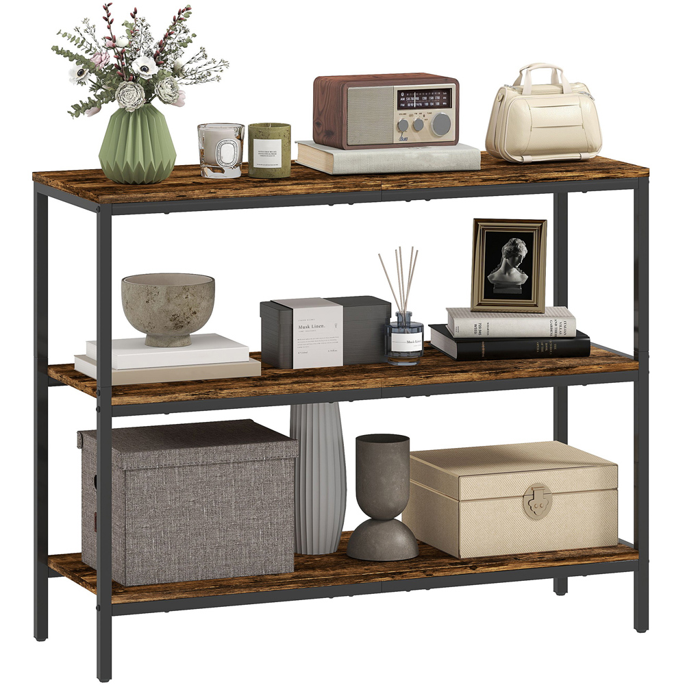 HOMCOM 3 Shelf Rustic Brown Industrial Console Table Image 2