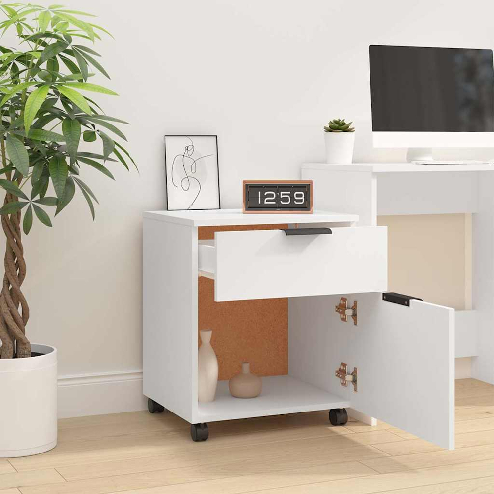 vidaXL Single Door Single Drawer White File Cabinet with Swivel Wheels Image 8