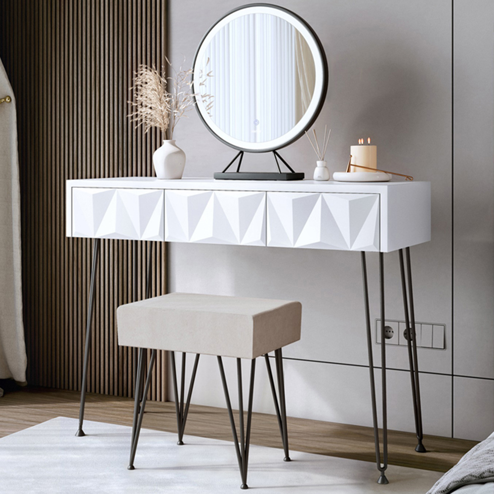 CARME Home Claudia White and Black Belle LED Mirror Dressing Table with Stool Image 1