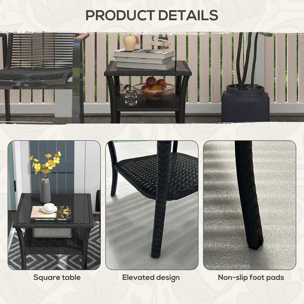 Outsunny Single Shelf Black Rattan Coffee Table with Glass Top Image 7