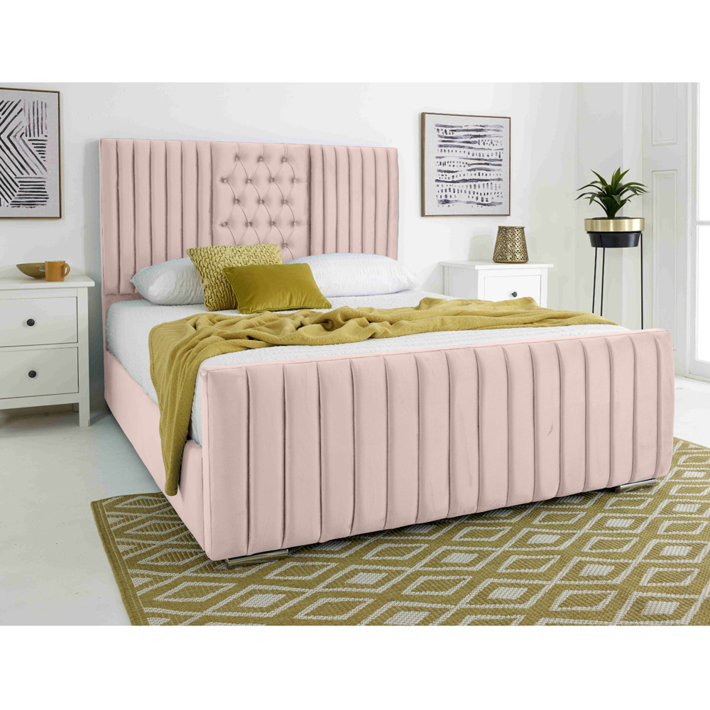 Eleganza Gracie Small Double Pink Plush Velvet Bed Frame with Lined Headboard Image 2