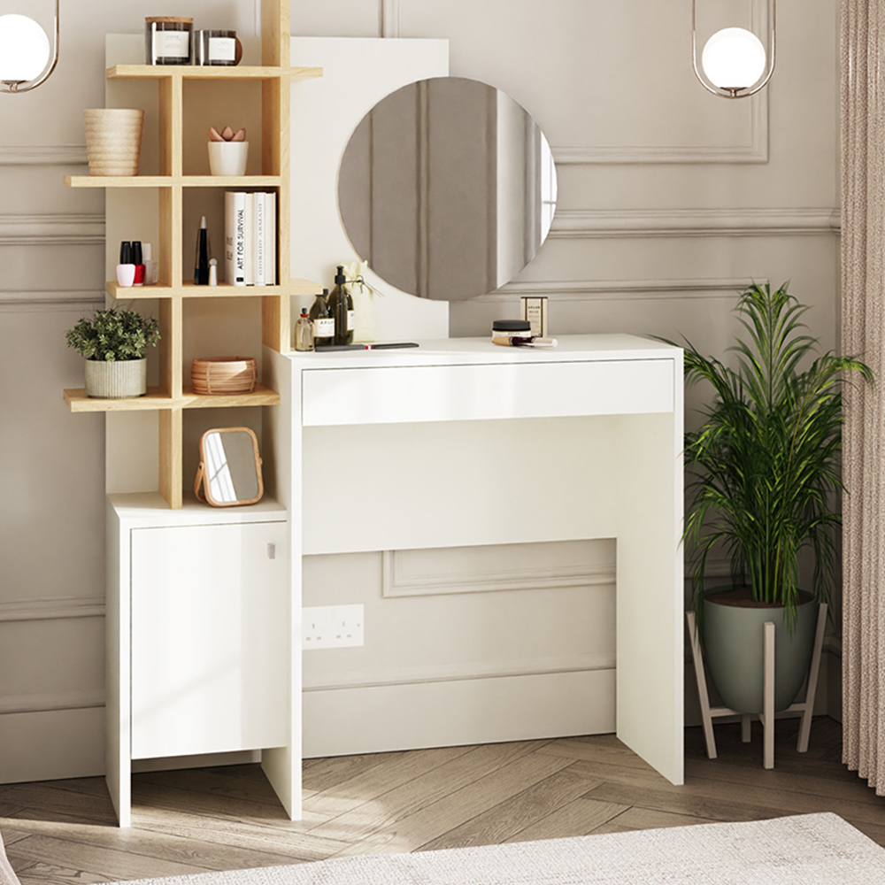GFW Freyja Single Door Single Drawer White Oak Dressing Table with Mirror Image 1
