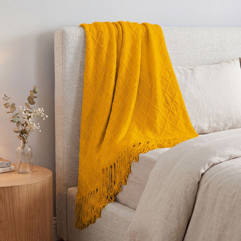 Living and Home Yellow Diamond Knit Throw Blanket with Tassels 130 x 170cm Image 2