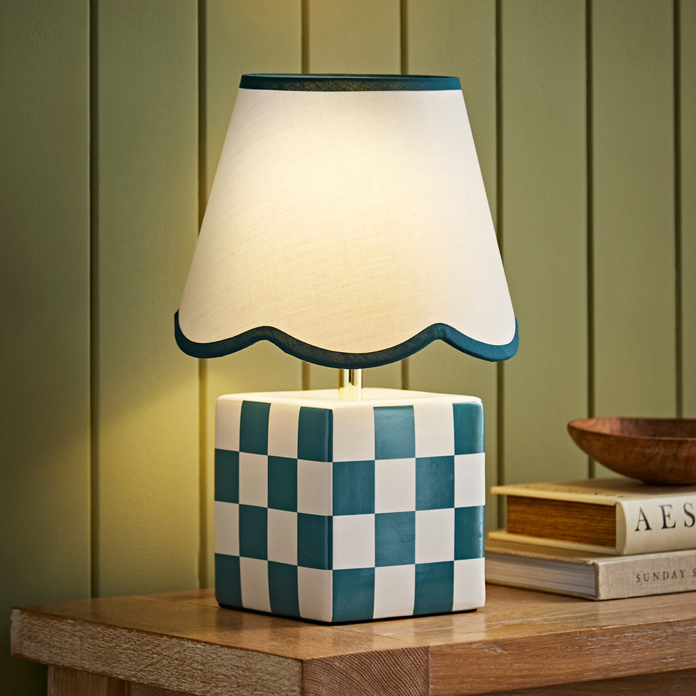 ValueLights Evie Sage Green Trim Linen Scallop Shade Cube Checkered Ceramic LED Table Lamp Image 2
