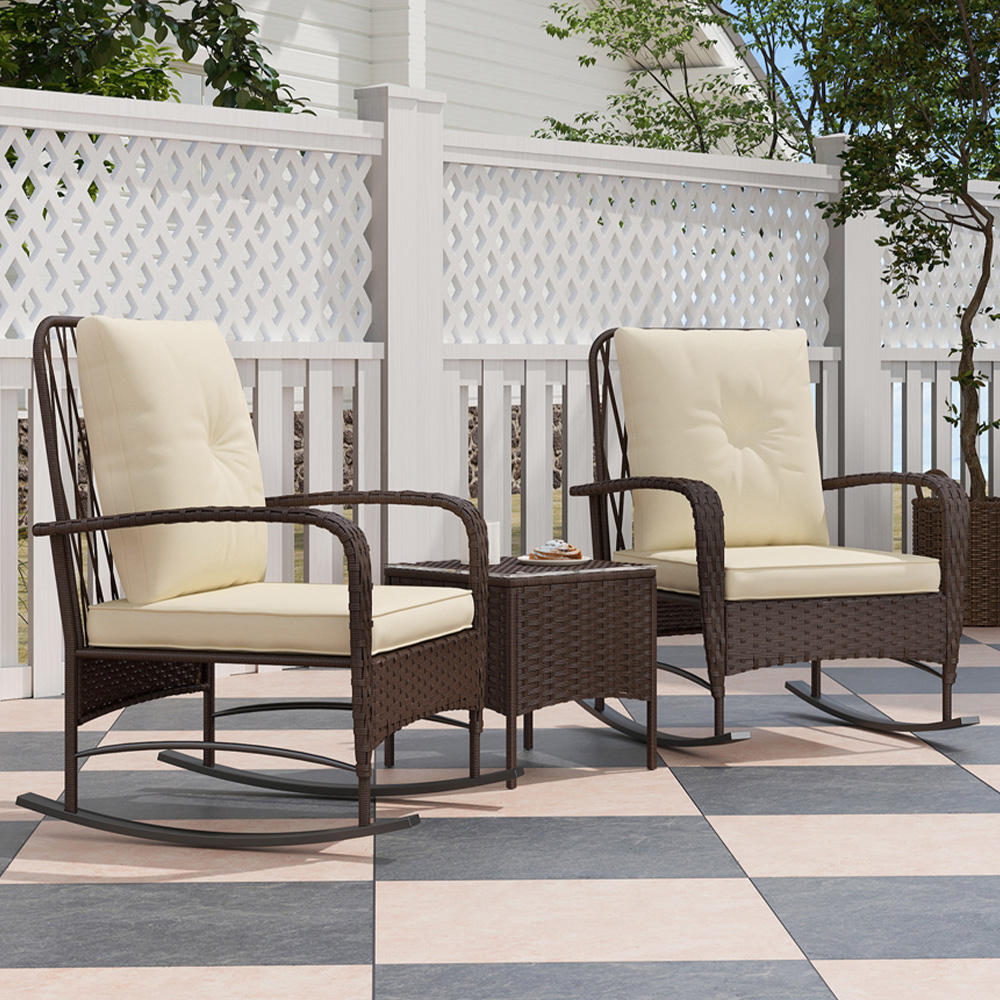 Outsunny 3 Piece Rocking Chair Rattan Bistro Set Light Brown Image 1