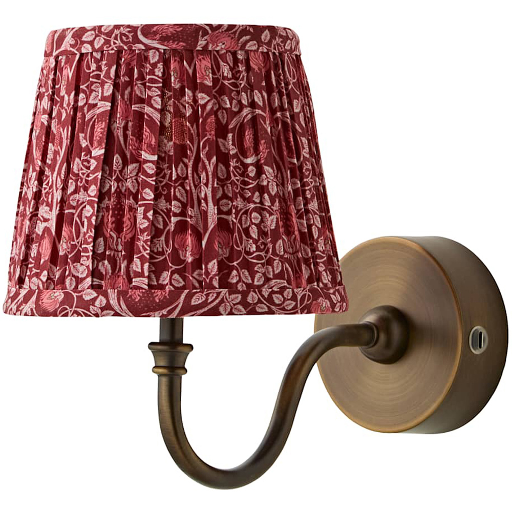 ValueLights Lowe Burgundy Floral Pleated Shade Brass Rechargeable Wall Light with Bulb Image 1