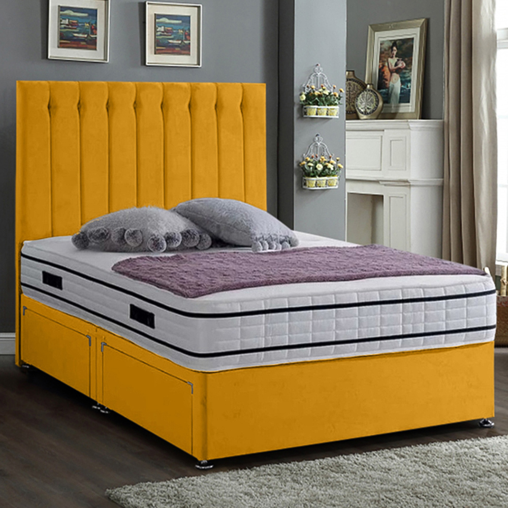 Eleganza Home Snuggler Double Mustard Plush Velvet 2 Drawer Divan Bed with Lined Headboard Image 1