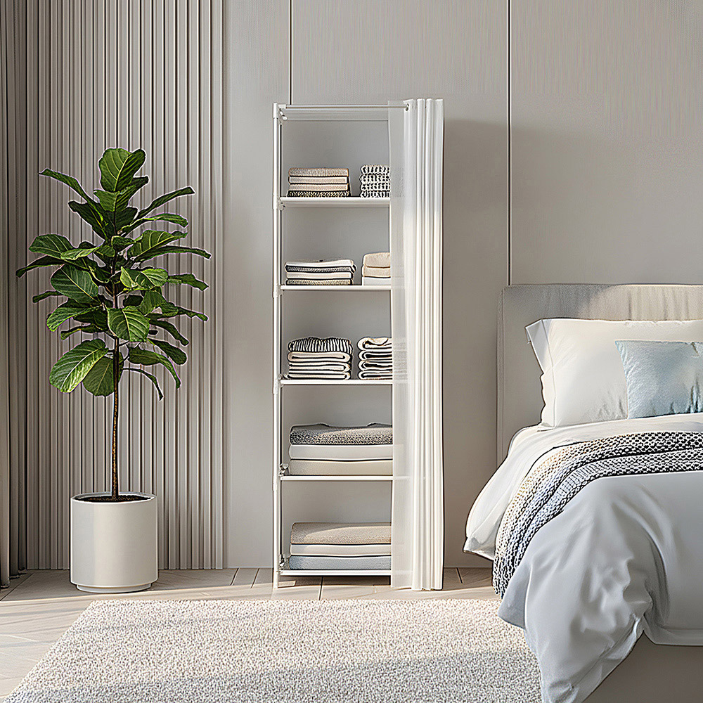 Living and Home 5-Tier White Freestanding Portable Wardrobe with Curtain Image 7