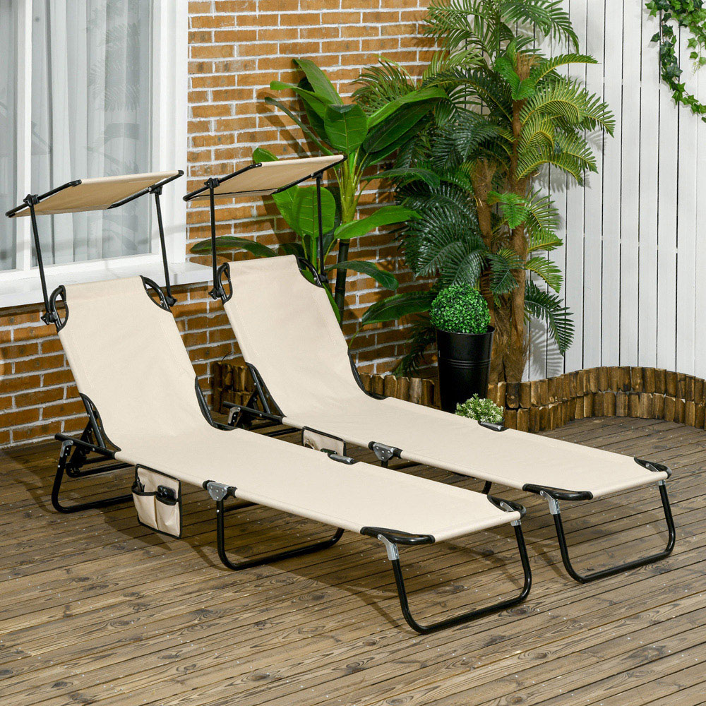 Outsunny Set of 2 Tan Brown Adjustable Folding Sun Lounger with Sunshade Roof Image 7