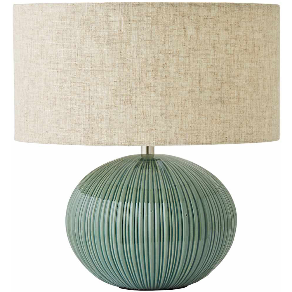 ValueLights Rebecca Linen Shade Green Ribbed Ceramic Table Lamp with Bulb Image 1