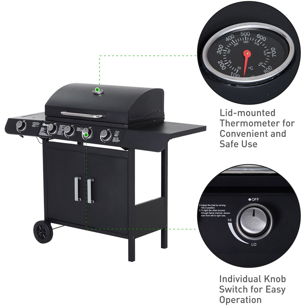 Outsunny Deluxe Black 4 Burner Gas BBQ Grill with Side Burner Image 7
