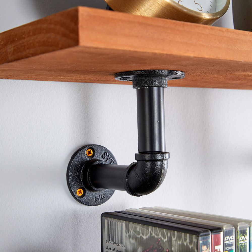 Home Source Black Metal Pipe Brackets Industrial Shelf Set of 2 Image 3