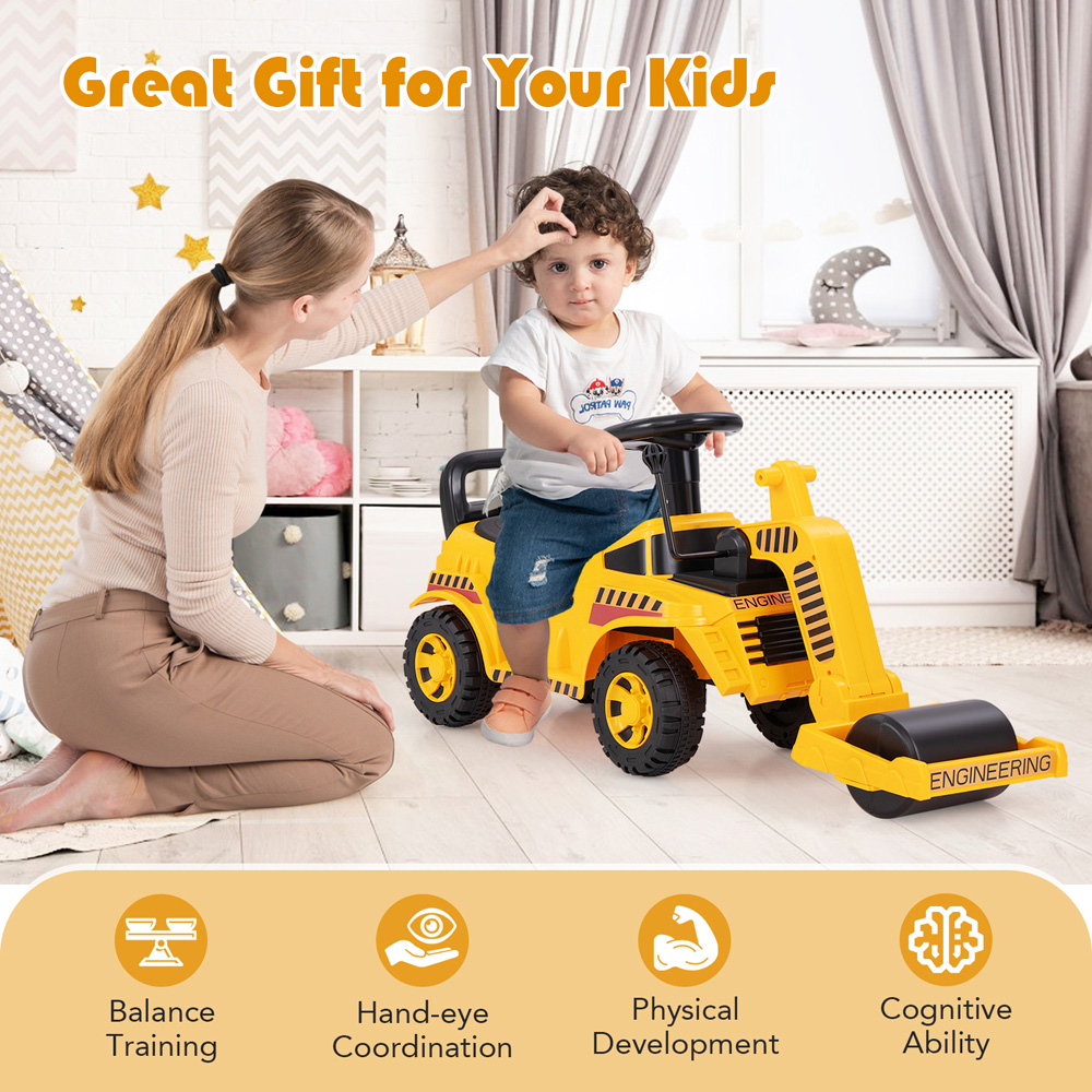 Costway Kids Yellow Ride On Road Roller with Adjustable Roller and Anti-Tipping Block Image 7